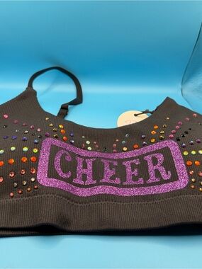 Hand Crafted Black Sports Bra with Purple Glitter "CHEER" and Multicolor Studs